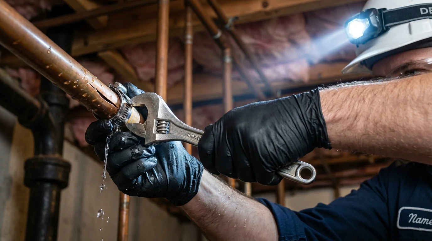 Emergency pipe clamp repair being performed by a Johns Plumbing LLC plumber in Veradale