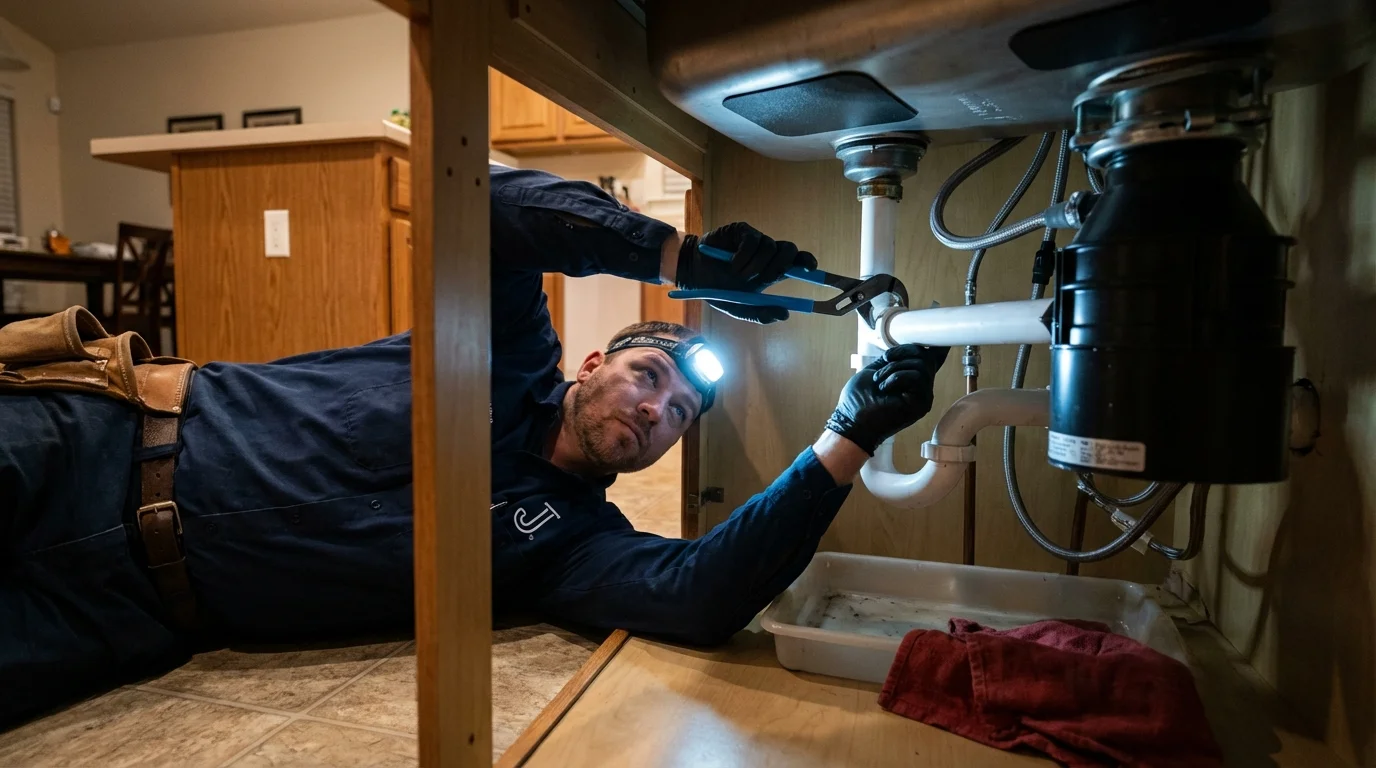 P-trap and supply line connections under a kitchen sink showing a common leak point in Veradale, WA